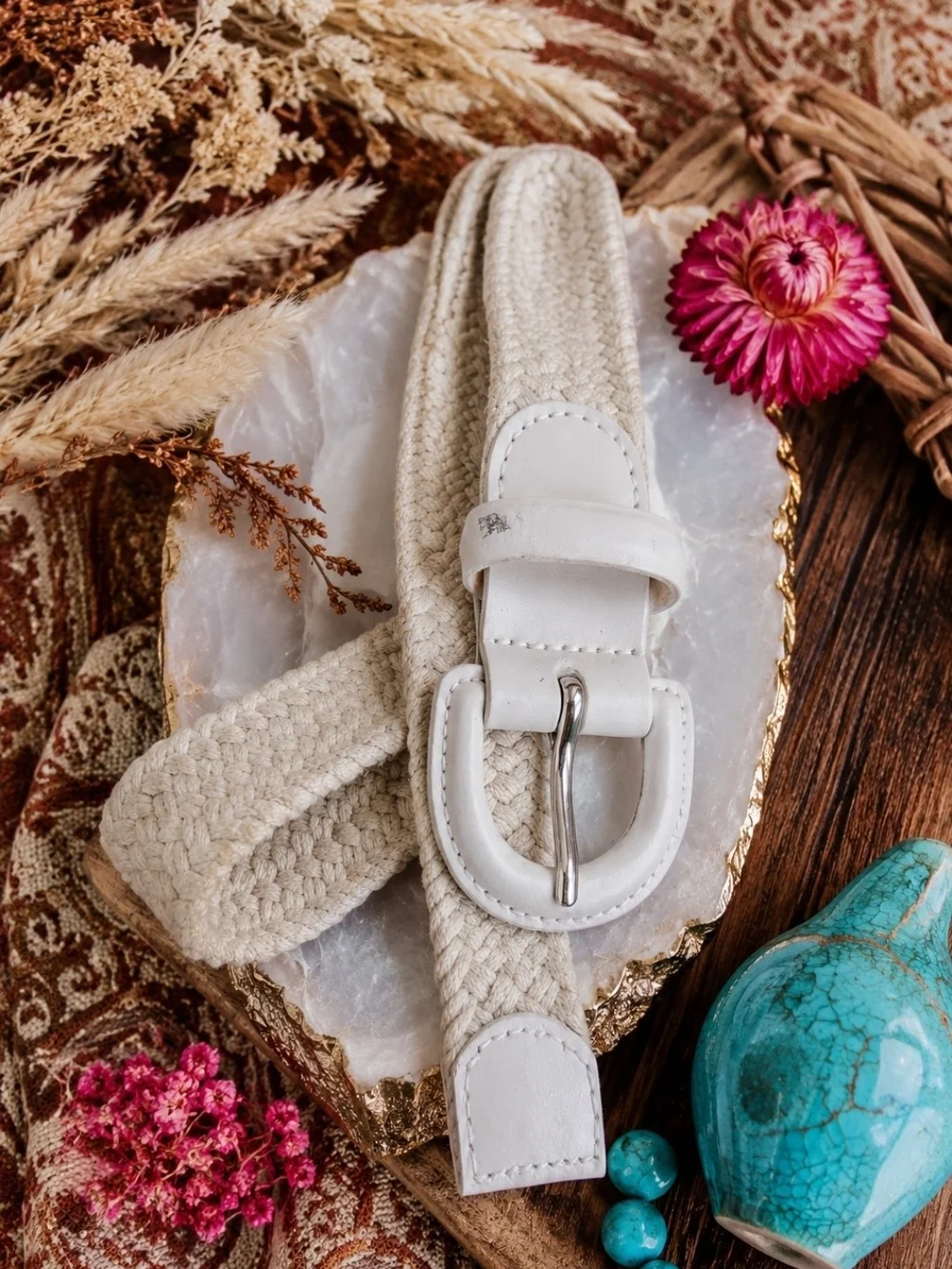 4/$15 Women’s Woven Stretch Belt in Cream Boho Women's Accessories 46